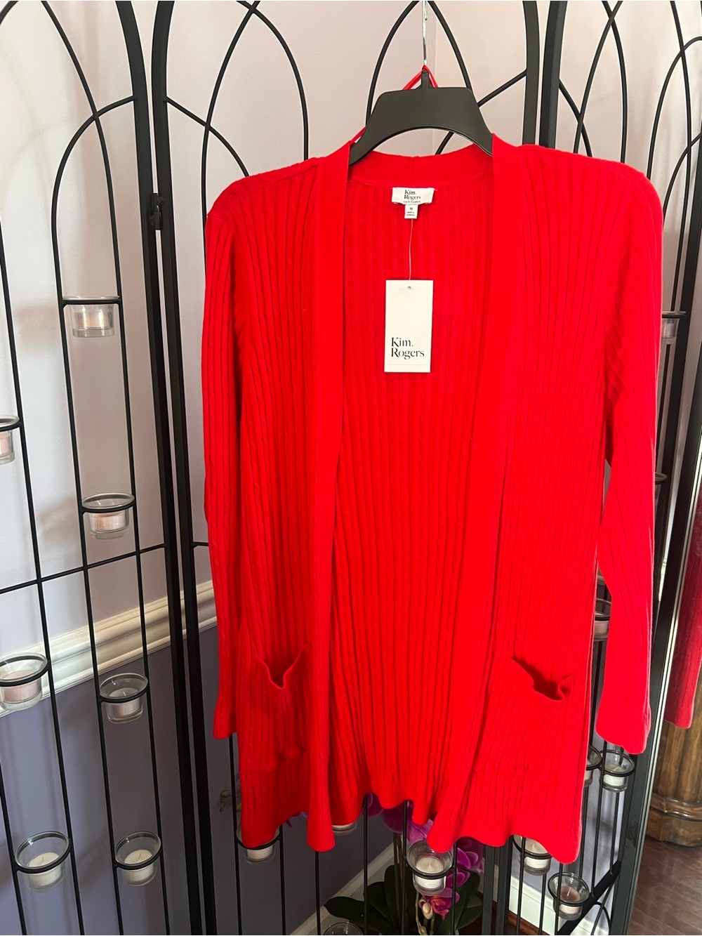 Kim Rogers Open-Front Ribbed Cardigan in Bright Red